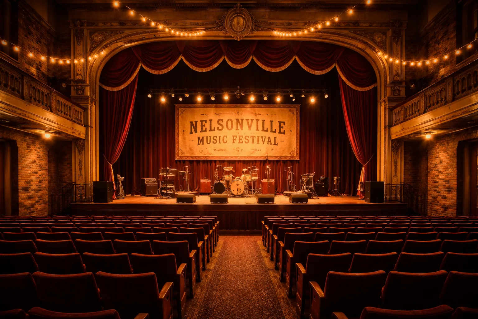 Interior of Stuart's Opera House in Nelsonville with stage set for the Nelsonville Music Festival