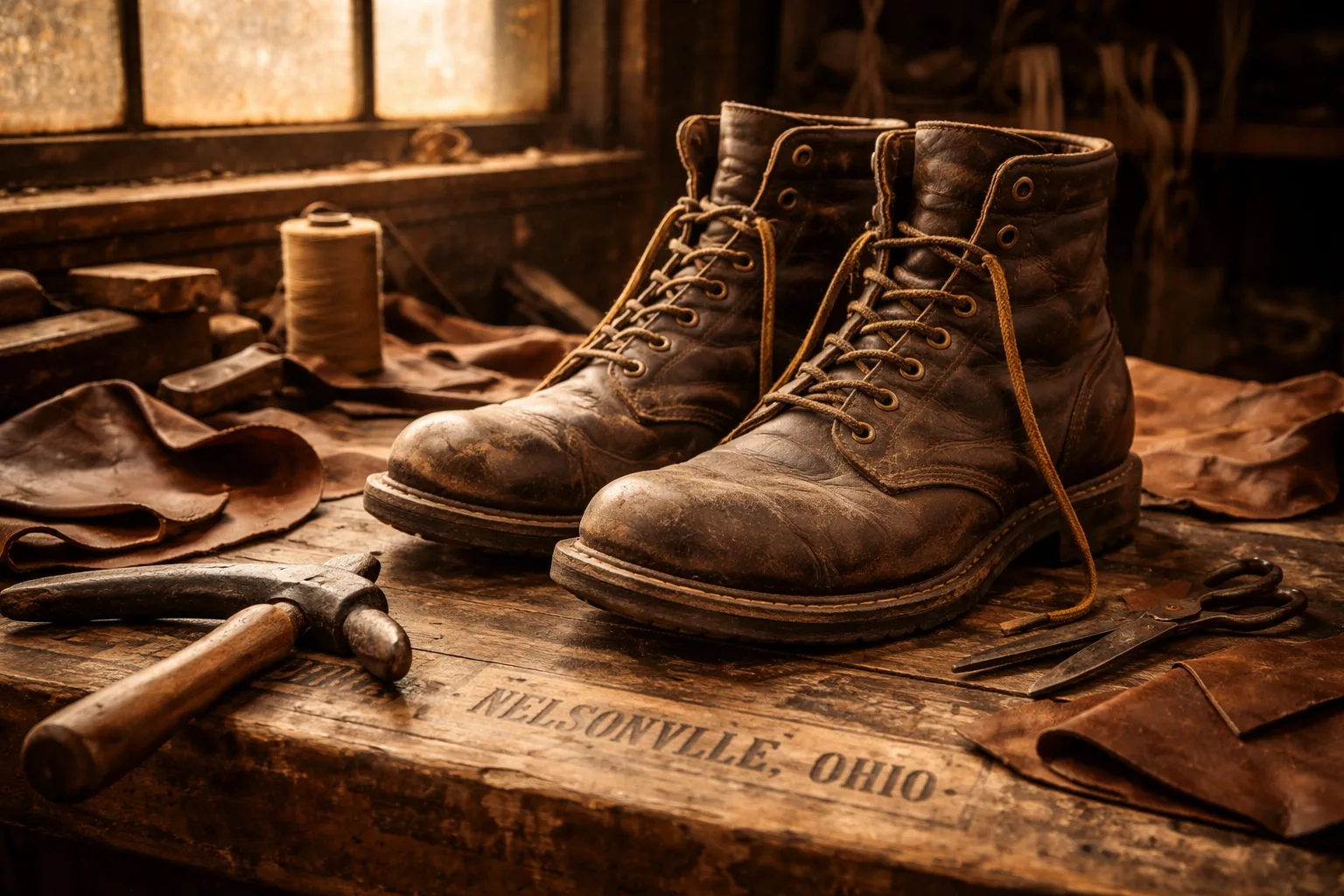 Vintage leather work boots on a wooden workbench in the original Rocky Boots factory, Nelsonville, Ohio