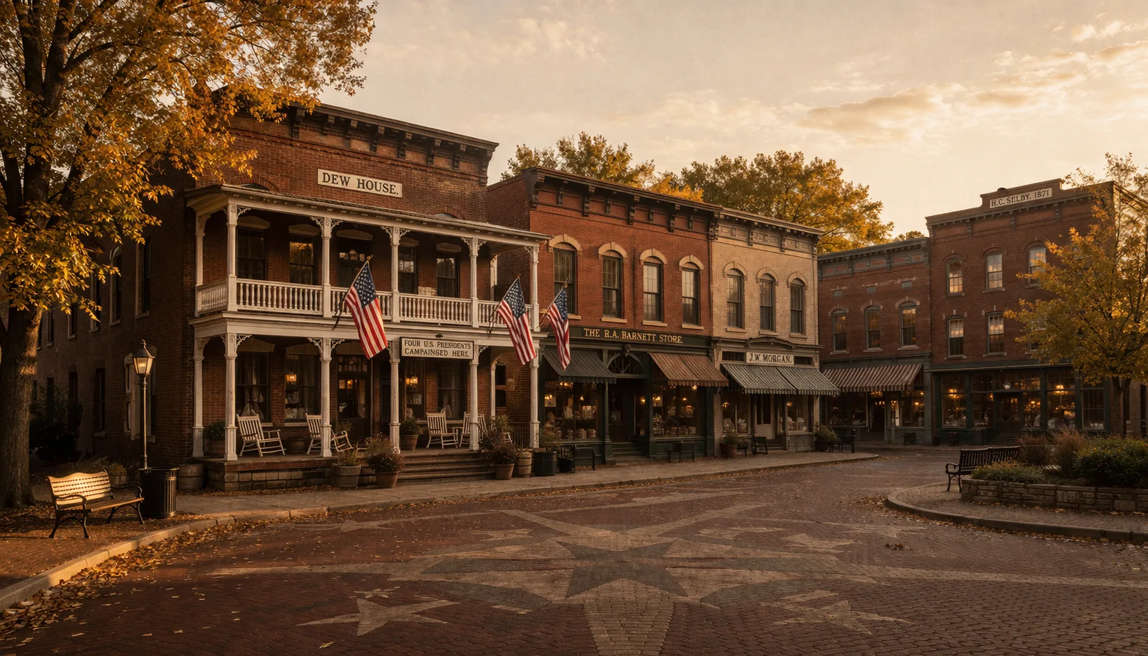 The historic Dew House and Public Square in Nelsonville, Ohio at golden hour