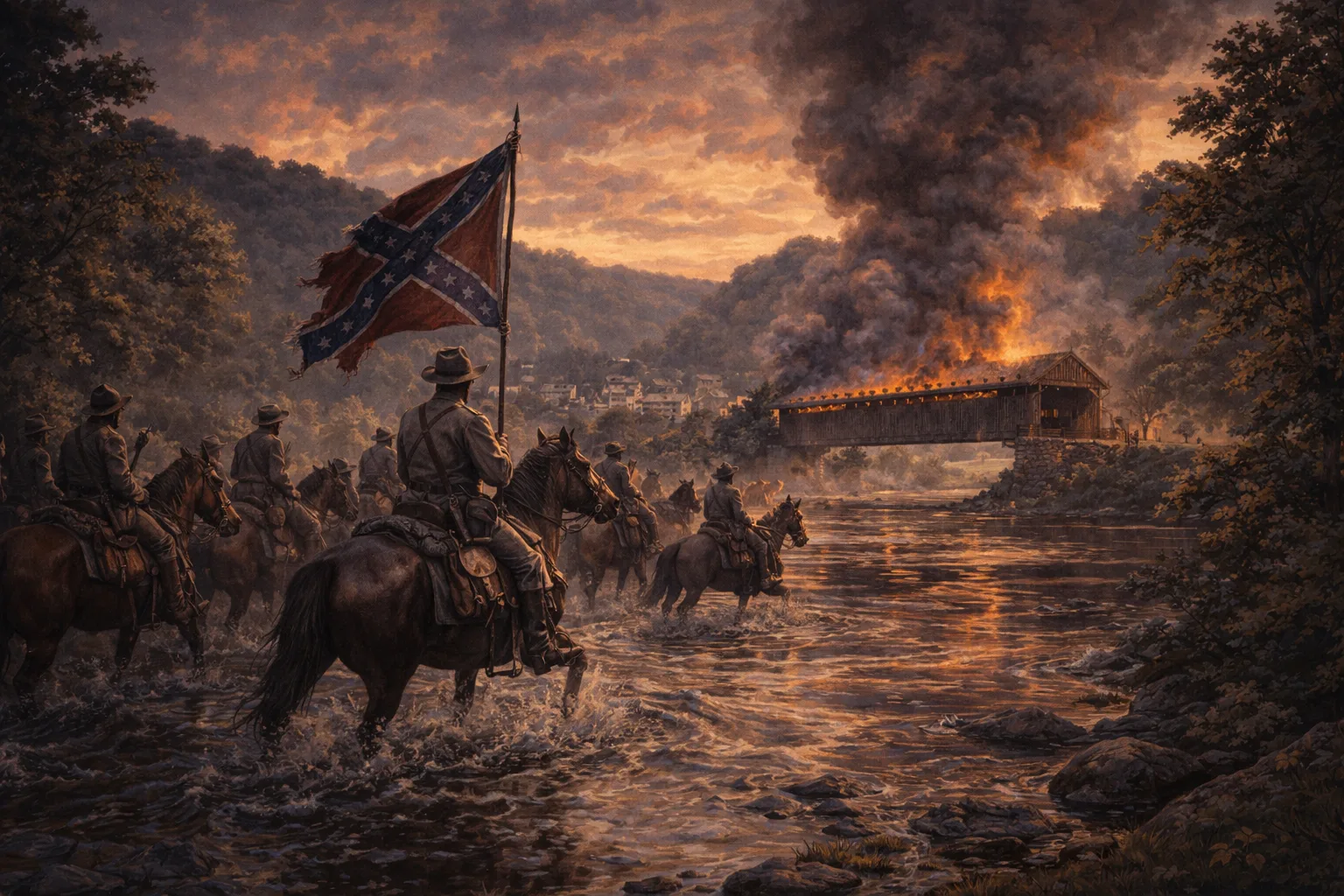 Painting of Morgan's Confederate cavalry crossing the Hocking River near a burning covered bridge during the 1863 raid on Nelsonville, Ohio