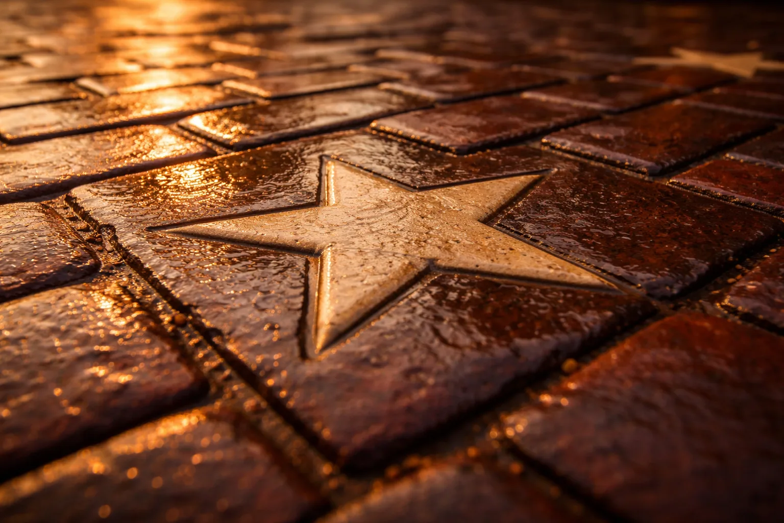 Close-up of Nelsonville's famous star-stamped clay paving bricks glistening in rain