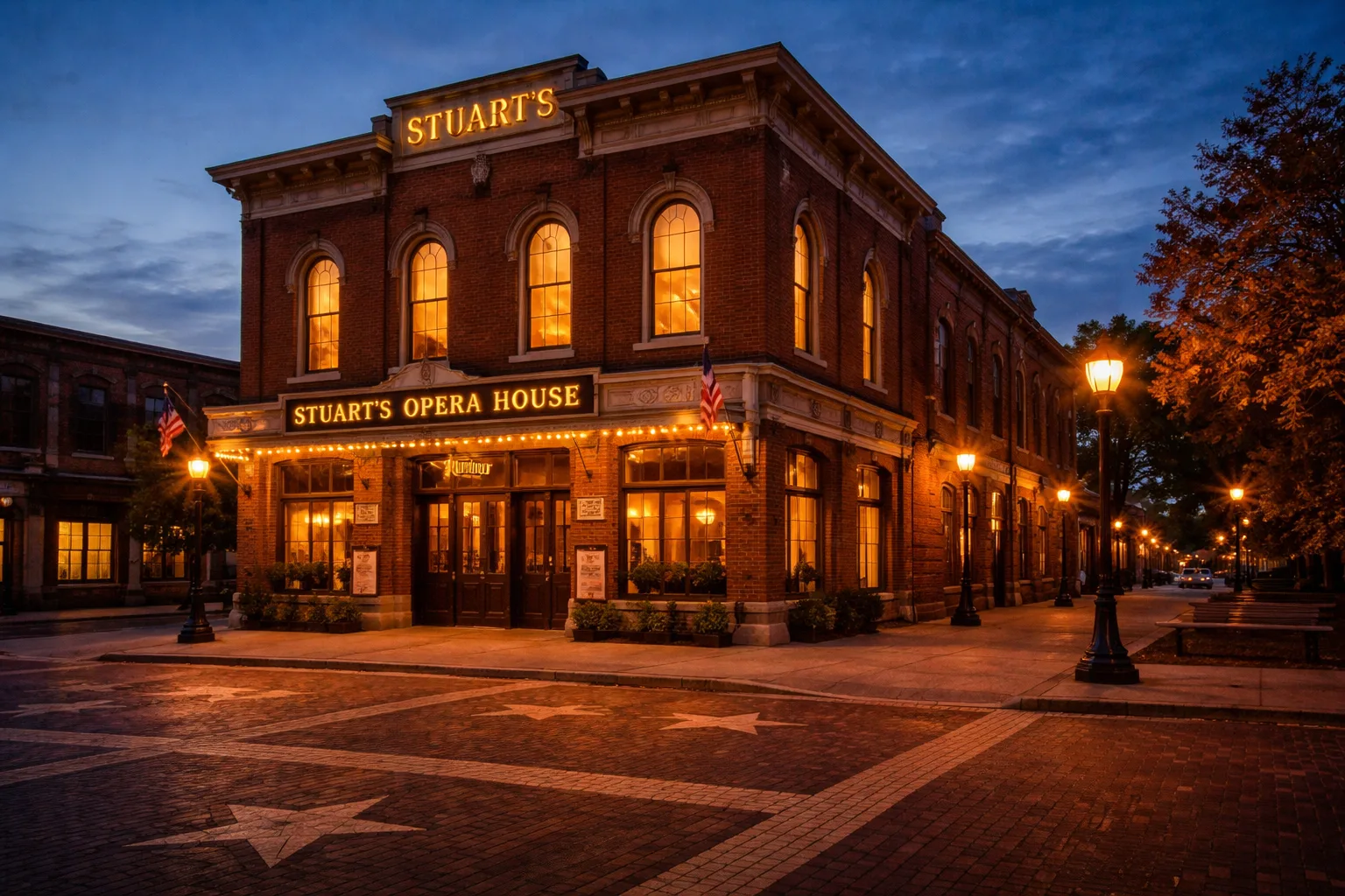 Stuart's Opera House exterior at twilight in Nelsonville, Ohio