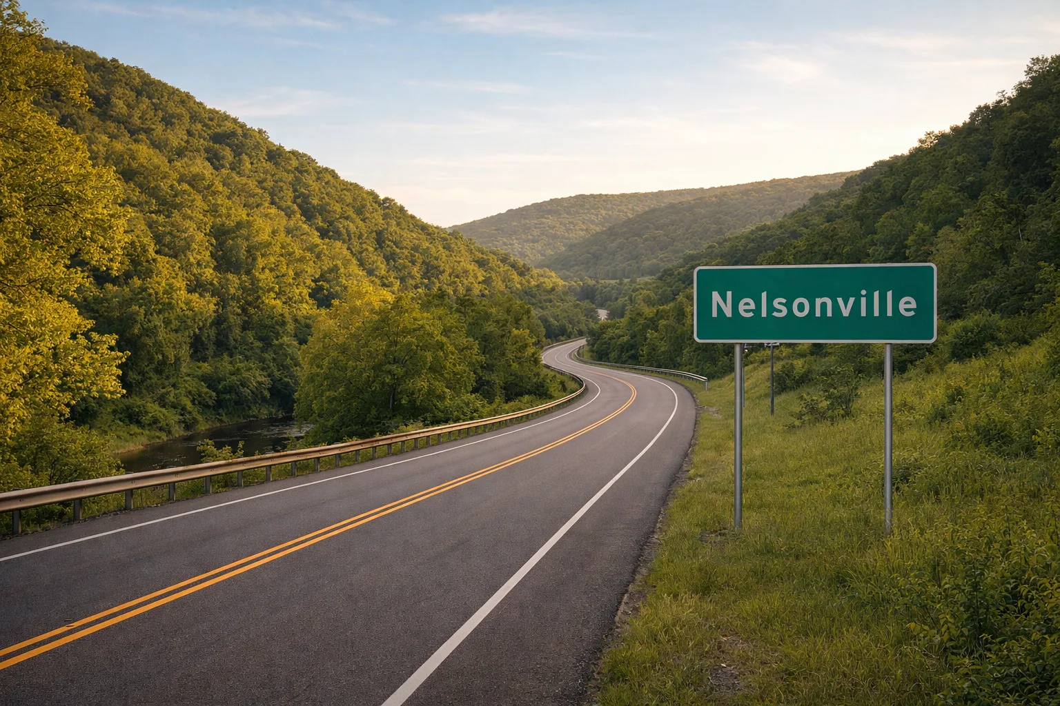 Scenic highway approaching Nelsonville, Ohio through the Hocking River valley